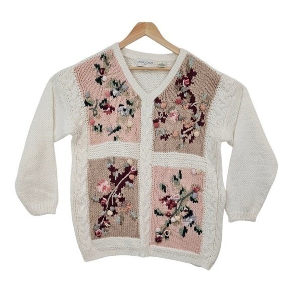 Vintage Cottagecore Sweater M Handknit Floral Embroidered Bobble Knit Grannycore